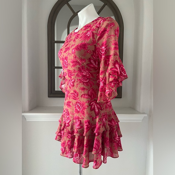 🚫Sundae Muse Christy Mini Tiered Dress, Floral Pink on Nude, Size 8 - Picture 7 of 14